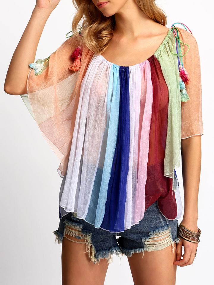 Shein Multicolor Boat Neck Vertical Stripe Blouse