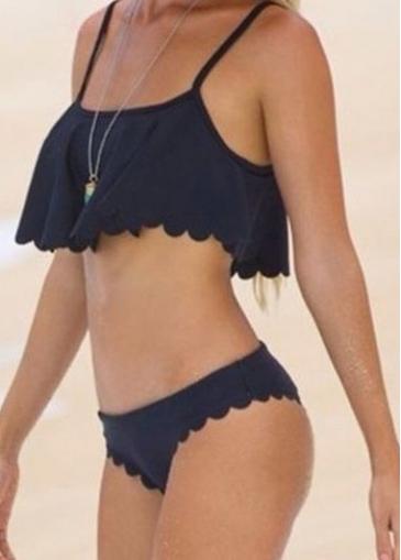 Rosewe Ruffle Decorated Black Two Piece Padded Swimwear