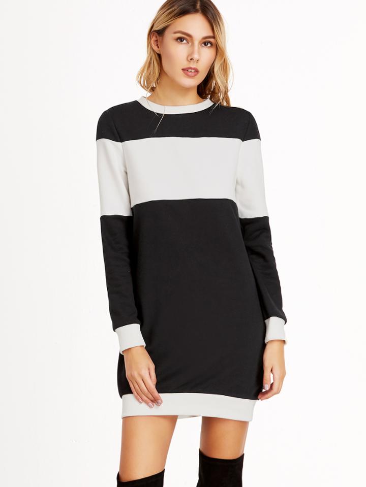 Shein Black And White Ribbed Trim Sweatshirt Dress