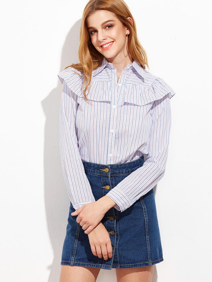 Shein Multicolor Striped Ruffle Trim Button Up Blouse
