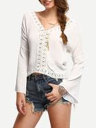 Shein White V Neck Bell Sleeve Crochet Shirt