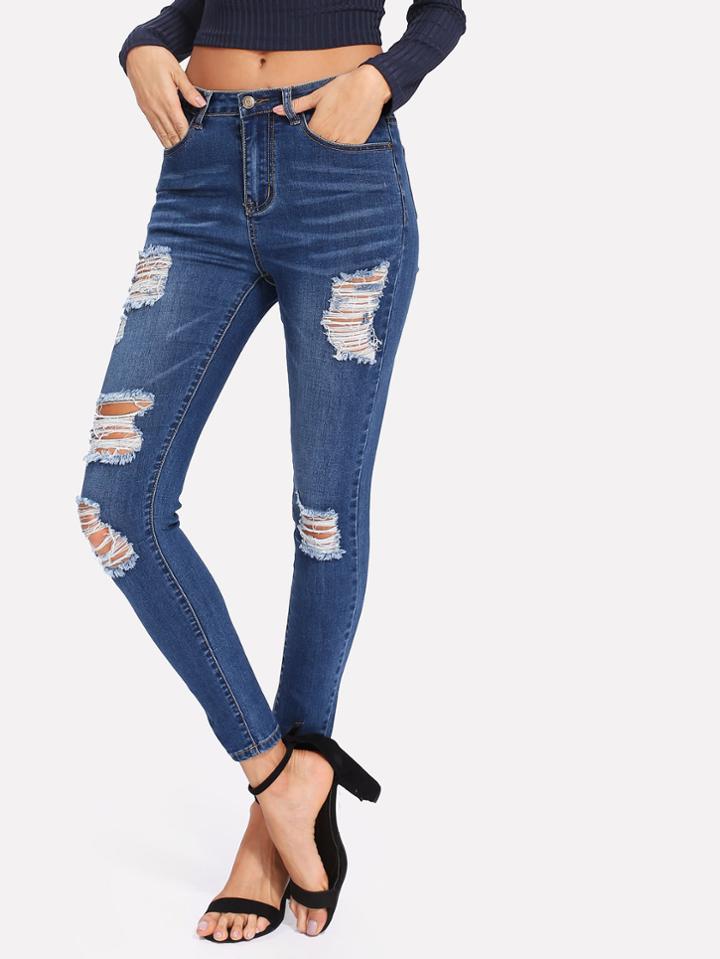 Shein Bleach Wash Shredded Skinny Jeans