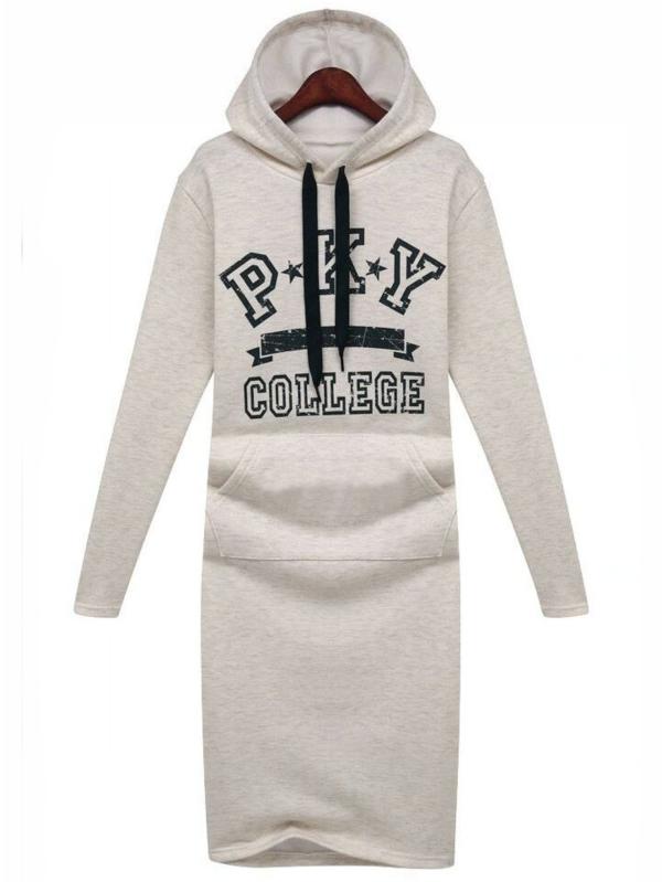 Shein Pale Grey Hooded Letters Print Sweatshirt Dress
