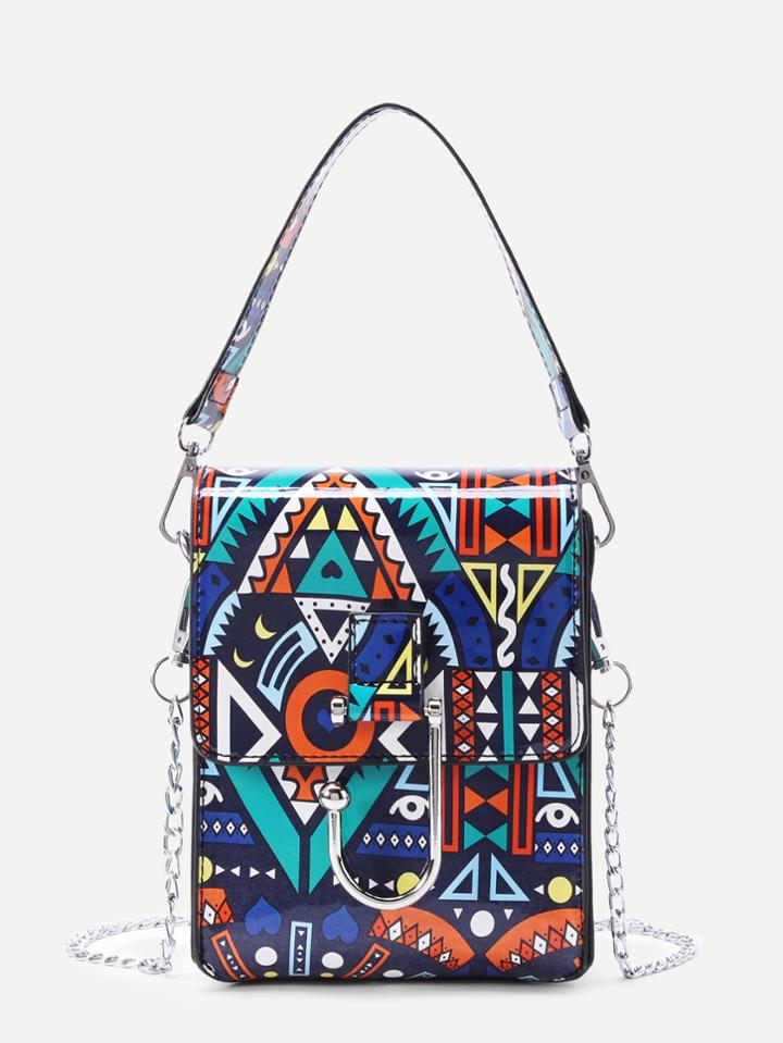 Shein Geometric Print Pu Chain Bag With Handle