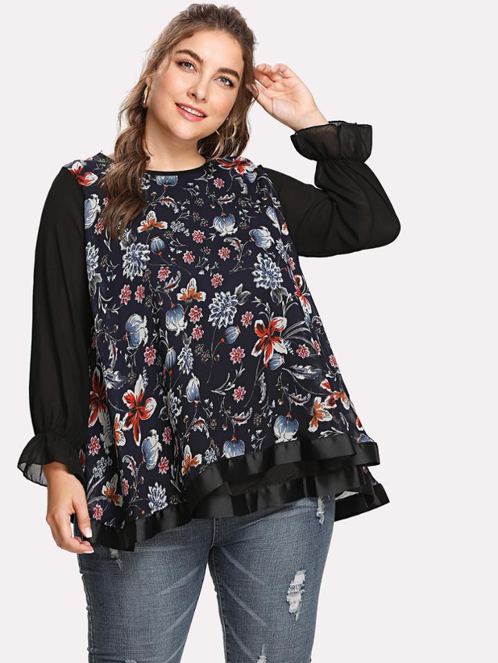 Shein Contrast Sleeve Botanical Chiffon Blouse