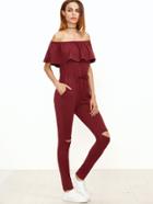 Shein Burgundy Ruffle Off The Shoulder Knee Ripped Sweat Jumpsuit