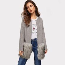 Shein Open Front Faux Fur Panel Suede Coat