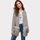 Shein Open Front Faux Fur Panel Suede Coat