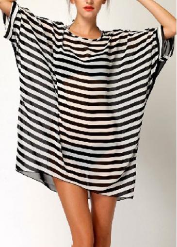Rosewe Batwing Sleeve Semi Sheer Striped Straight Beach Dress