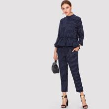 Shein Pinstripe Ruffle Hem Top And Pants