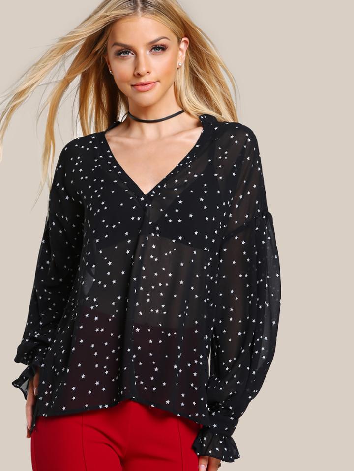 Shein Frilled Plunge Neck And Cuff Star Print Blouse