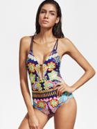 Shein Floral Print Plunge Neck Cross Back One-piece Swimwear