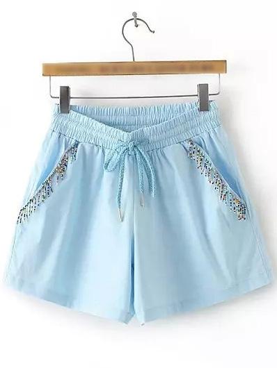 Shein Blue Pockets Beaded Elastic Tie-waist Shorts