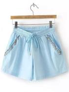Shein Blue Pockets Beaded Elastic Tie-waist Shorts