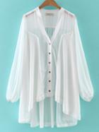 Shein White Long Sleeve Bottons Front Dipped Hem Blouse