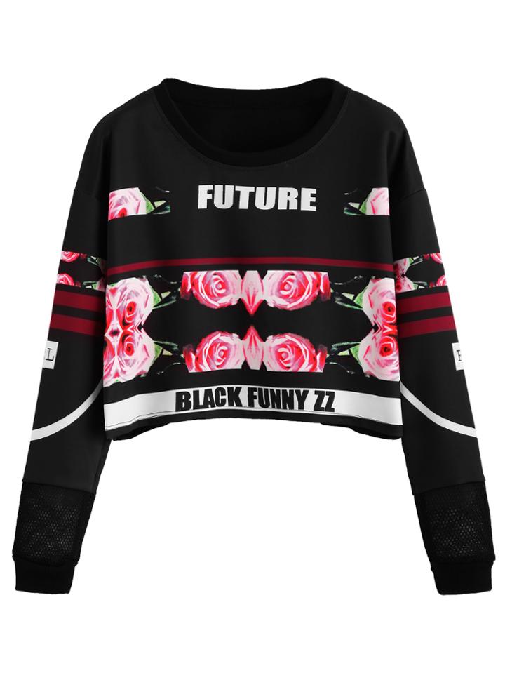 Shein Black Floral Print Drop Shoulder Sweatshirt