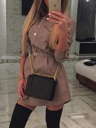 Shein Khaki Lapel Belt Pockets Buttons Shirt Dress