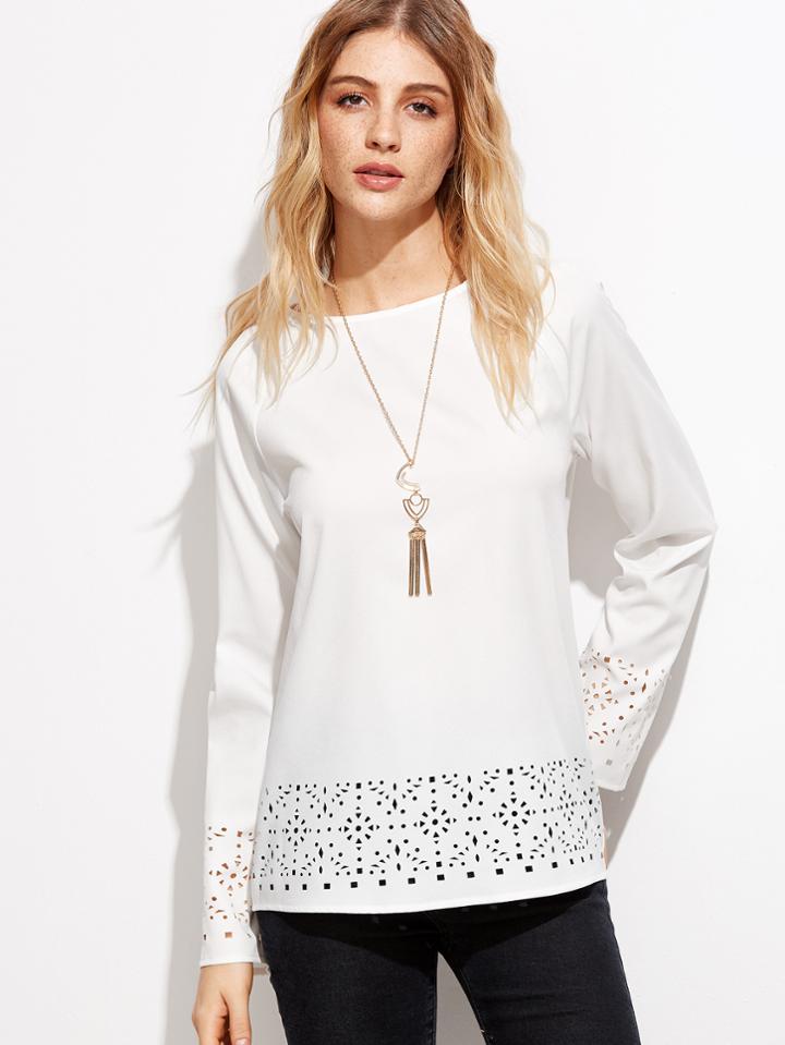Shein White Laser Cutout Raglan Sleeve Blouse