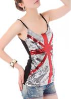 Rosewe England Flag Print Sequin Decorated Black Cotton Camisole
