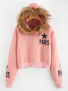 Shein Faux Fur Trim Letter Print Hoodie