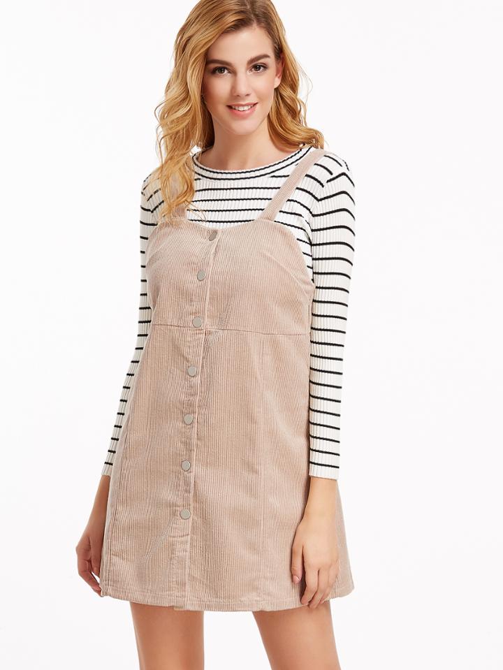 Shein Apricot Corduroy Single Breasted Overall Dress