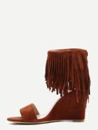 Shein Faux Suede Wide Strap Fringe Ankle Wedges - Light Tan