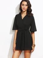 Shein Black V Neck Bow Tie Zipper Back Wrap Dress