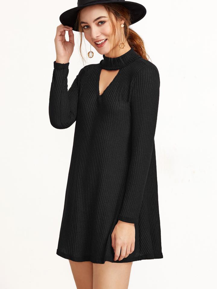 Shein Black Mock Neck Cut Out Ribbed Dress