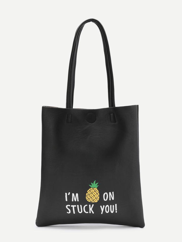 Shein Pineapple And Letter Print Pu Tote Bag