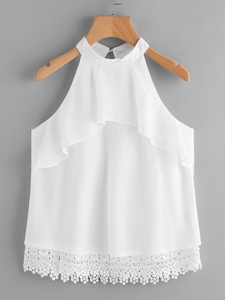 Shein Layered Frill Crochet Hem Keyhole Back Halter Top