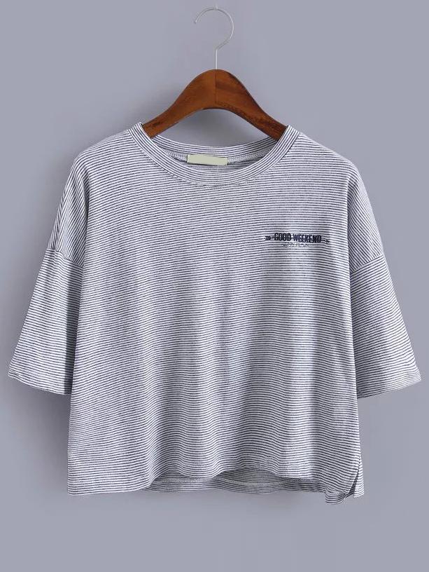Shein Pinstriped Embroidered Crop Blue T-shirt