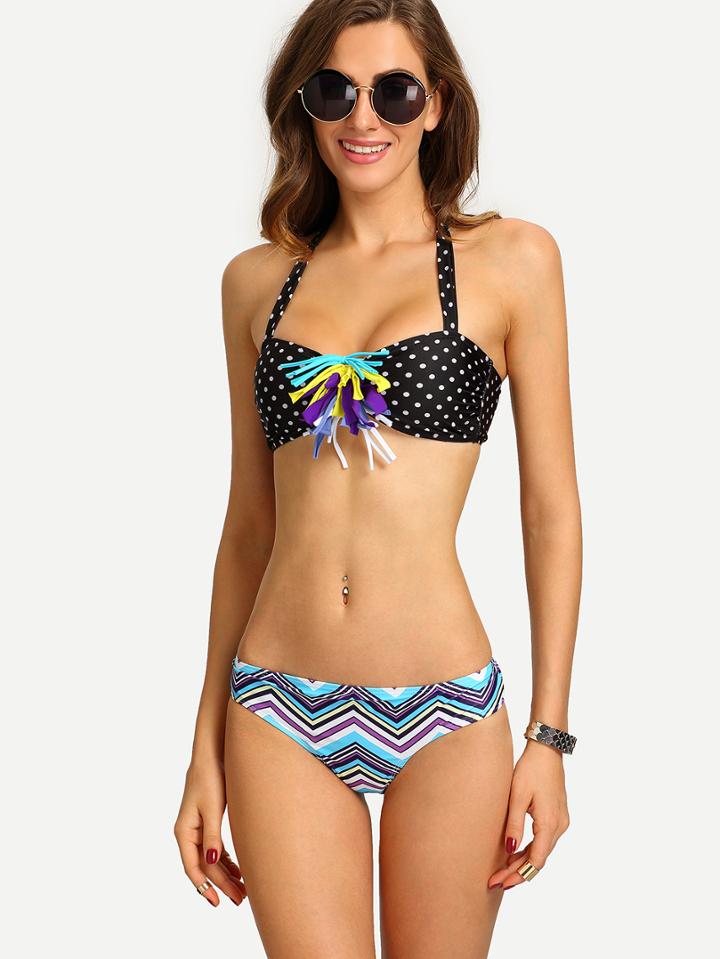 Shein Multicolor Chevron & Polka Dot Print Bikini Set