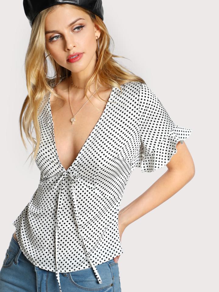 Shein Open Back High Waist Frilled Polka Dot Top