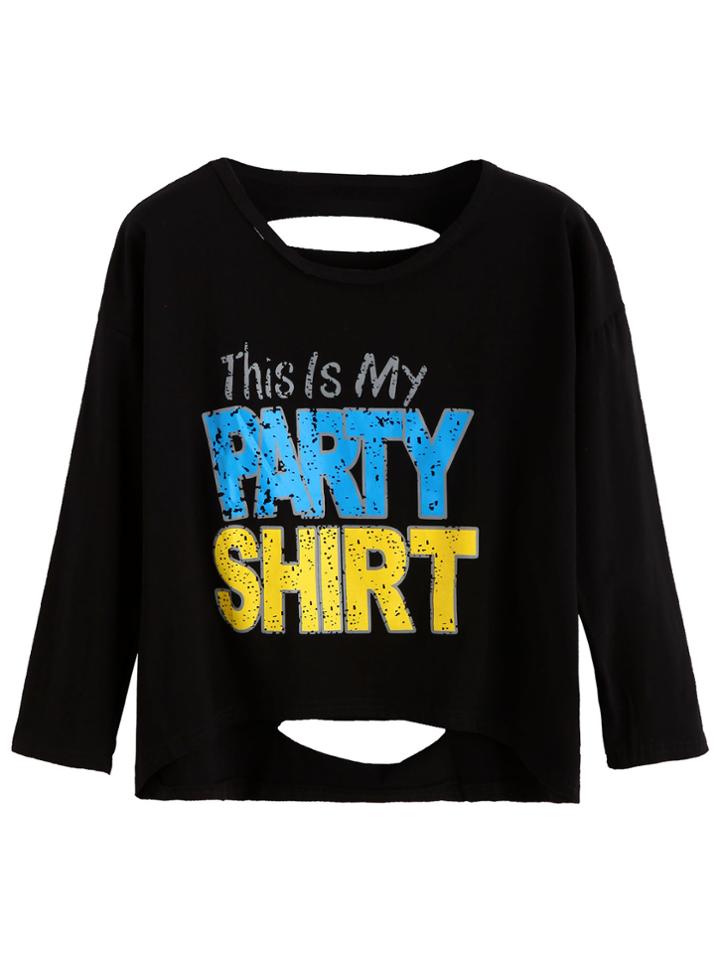 Shein Black Letters Print Cut Out T-shirt
