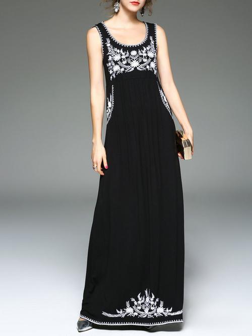 Shein Black U Neck Flowers Embroidered Maxi Dress