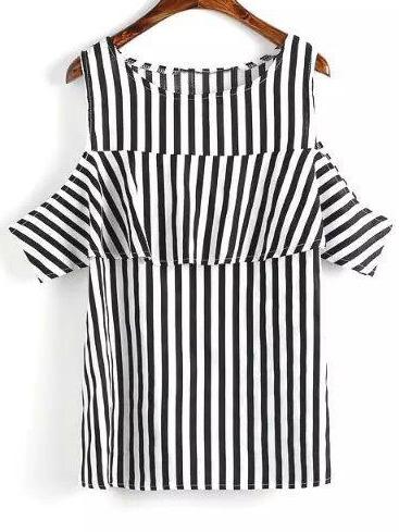Shein Black White Ruffle Cuff Cold Shoulder Striped Blouse