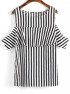 Shein Black White Ruffle Cuff Cold Shoulder Striped Blouse
