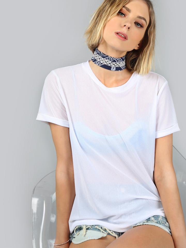 Shein White Short Sleeve Semi Sheer Top