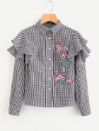 Shein Flower Blossom Embroidered Layered Frill Checkered Blouse