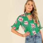 Shein Cut Out Back Ruffle Cuff Floral Blouse
