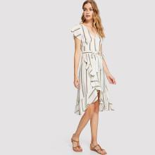Shein Ruffle Trim Self Tie Waist Striped Dress