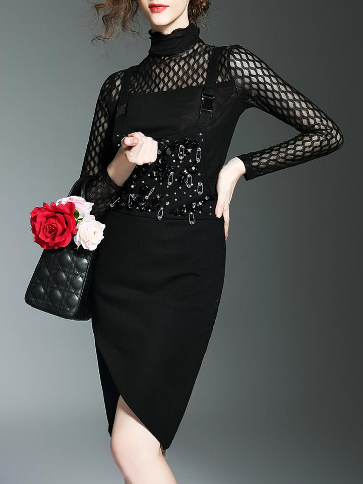 Shein Black Beading Two-pieces Strap Dress