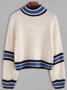 Shein White Striped Trim Raglan Sleeve Sweater