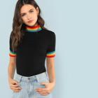Shein Striped Cuff And Neck Fitted Tee