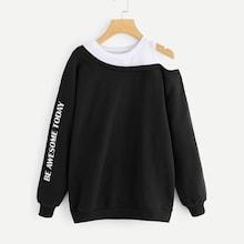 Shein Plus Letter Print Colorblock Open-shoulder Sweatshirt