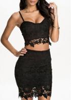 Rosewe Spaghetti Strap Black Lace Two Piece Dresses
