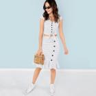 Shein Button Up Knot Hem Grid Top And Ruffle Hem Skirt Set