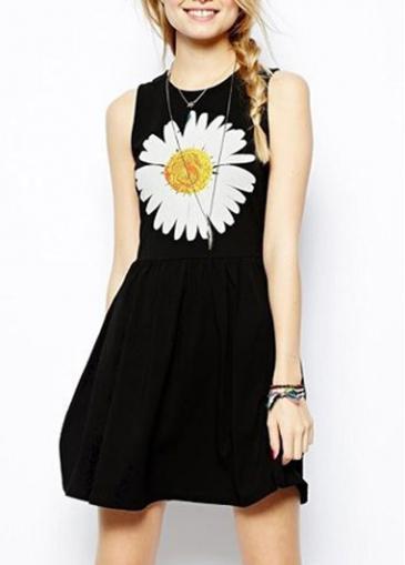 Rosewe Adorable Flower Print Round Neck Black A Line Dress