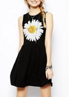 Rosewe Adorable Flower Print Round Neck Black A Line Dress