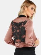 Shein Embroidered Satin Contrast Bomber Jacket Mauve